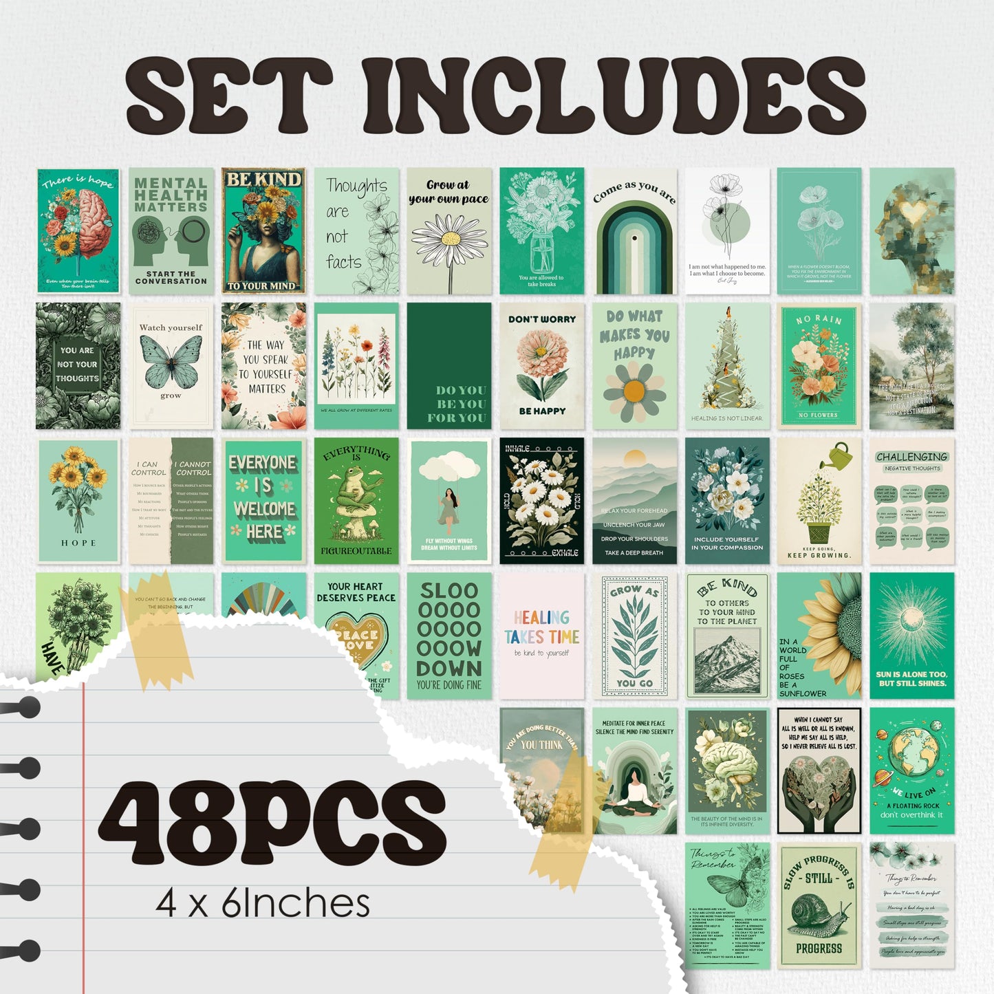HK Studio Sage Green Mental Health Posters - Therapy Office Decor, Unframed 48 Pcs 4" x 6"