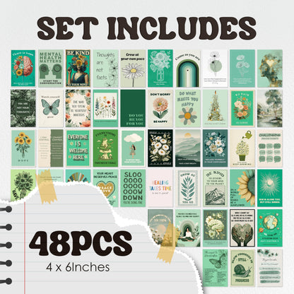 HK Studio Sage Green Mental Health Posters - Therapy Office Decor, Unframed 48 Pcs 4" x 6"