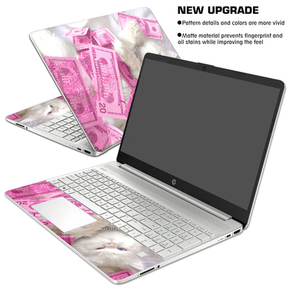 HK Studio Laptop Skin Decal Specific Fit for HP 15.6" with No Cutting Required, No Bubble, Waterproof, Scratch Resistant, Money Cat Design - Including Wide Screen and Full Wrist Pad Skin