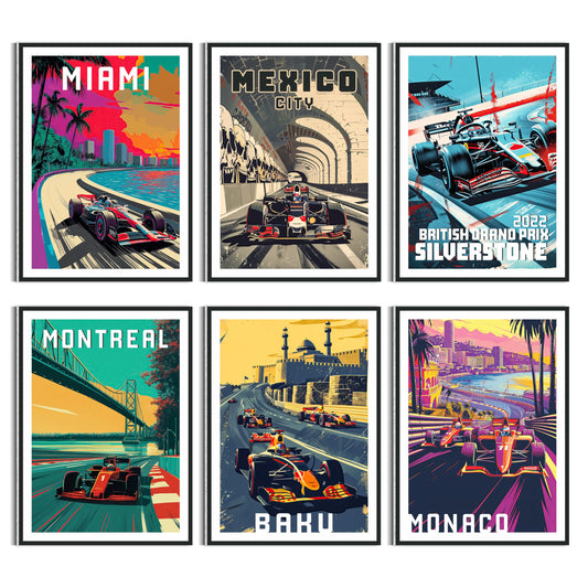 HK Studio F1 Race Car Posters Decor 8" x 11" Pack 6 - Dorm Decor, Vintage Room Decor Aesthetic, Teen Room Decor