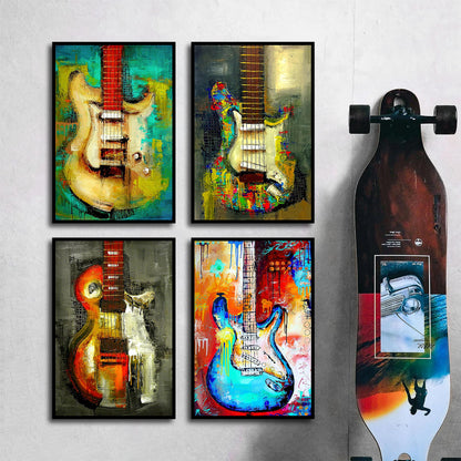 HK Studio Guitar Wall Art, Music Posters - Vintage Rock Guitar, Posters for Room Decor Aesthetic, Unframed 4 Pcs 11" x 16"