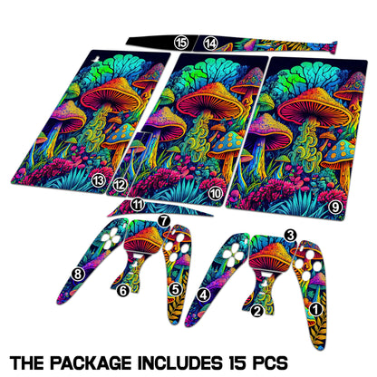 Skin Sticker for Game Console 5 Cover - Hippie Mushroom, Compatible with Both Disc Edition & Digital Edition (not Slim Ver) - 2 Controller Skins & Console Skin - No Bubble, Full Protection, Removable