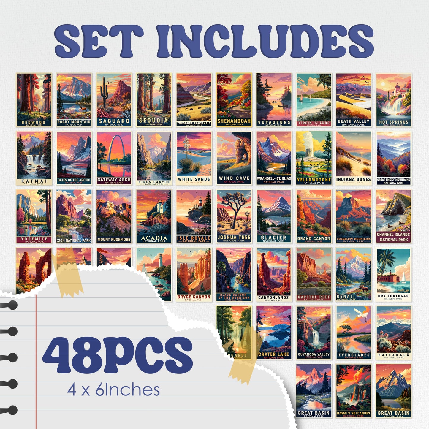 HK Studio Vintage National Park Posters - Vintage Travel Postcards, Unframed 48 Pcs 4" x 6"