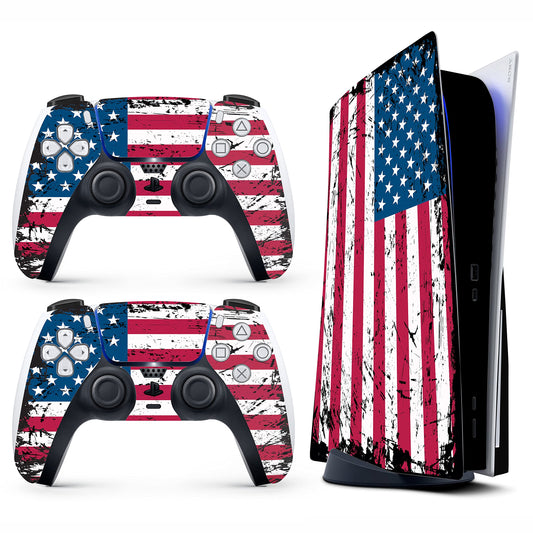 HK Studio US Flag Decal Sticker Skin Specific Cover for Both PS5 Disc Edition and Digital Edition - Waterproof, No Bubble, Including 2 Controller Skins and Console Skin