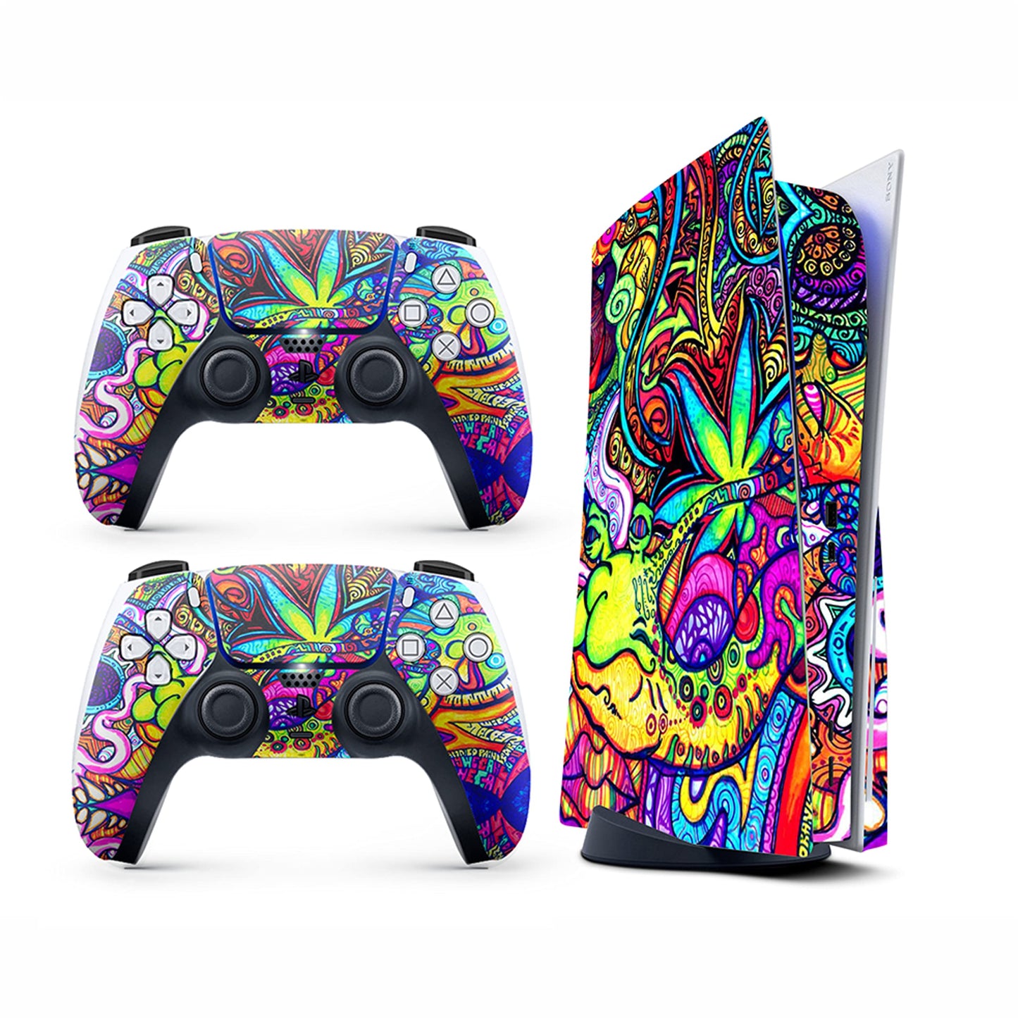 HK Studio Hippie Art Decal Sticker Skin Specific Cover for Both PS5 Disc Edition and Digital Edition - Waterproof, No Bubble, Including 2 Controller Skins and Console Skin