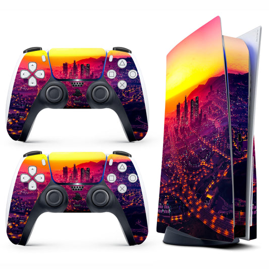 HK Studio City Art Decal Sticker Skin Specific Cover for Both PS5 Disc Edition and Digital Edition - Waterproof, No Bubble, Including 2 Controller Skins and Console Skin