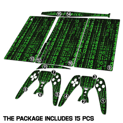 Skin Sticker for Game Console 5 Cover - Matrix Art, Compatible with Both Disc Edition & Digital Edition (not Slim Ver) - 2 Controller Skins & Console Skin - No Bubble, Full Protection, Removable
