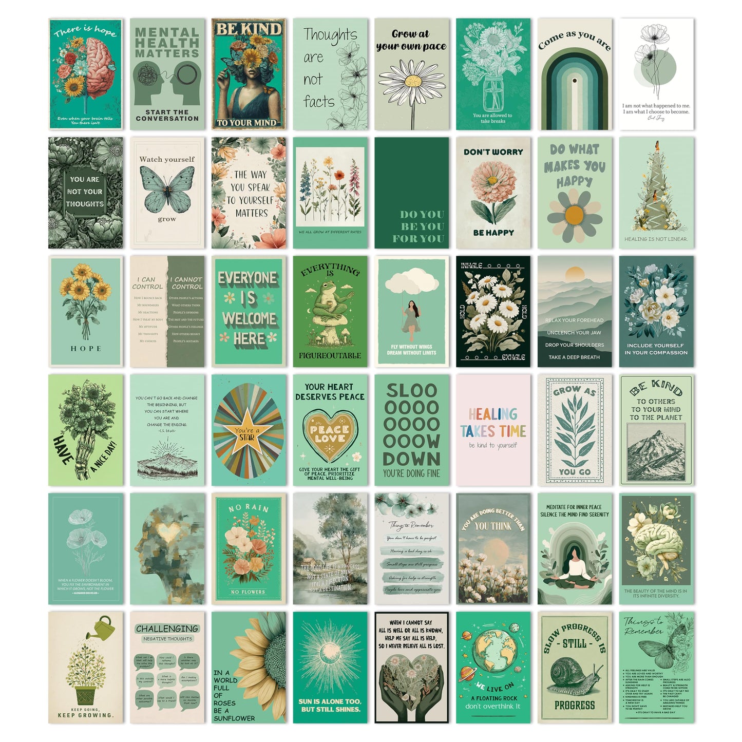 HK Studio Sage Green Mental Health Posters - Therapy Office Decor, Unframed 48 Pcs 4" x 6"