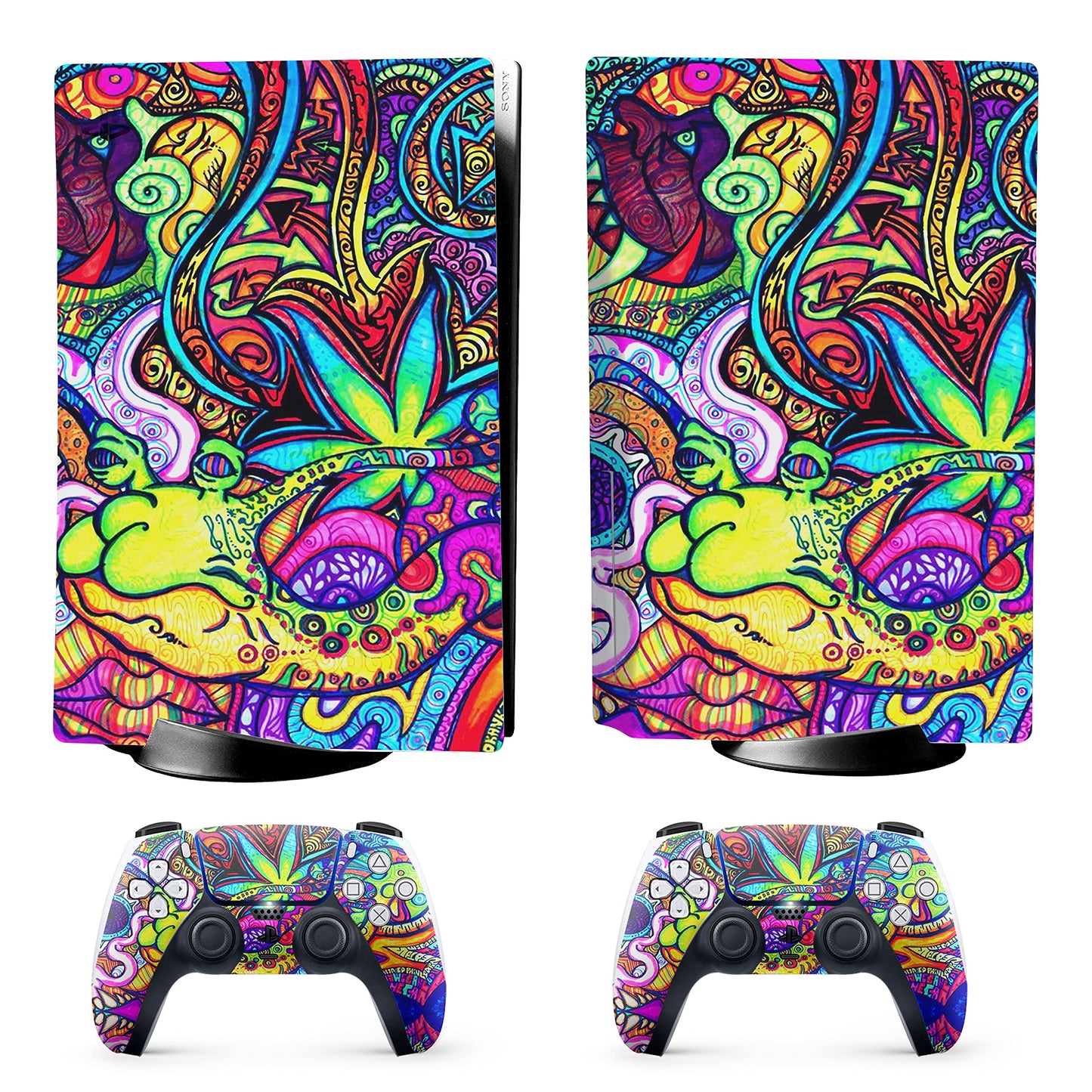 HK Studio Hippie Art Decal Sticker Skin Specific Cover for Both PS5 Disc Edition and Digital Edition - Waterproof, No Bubble, Including 2 Controller Skins and Console Skin