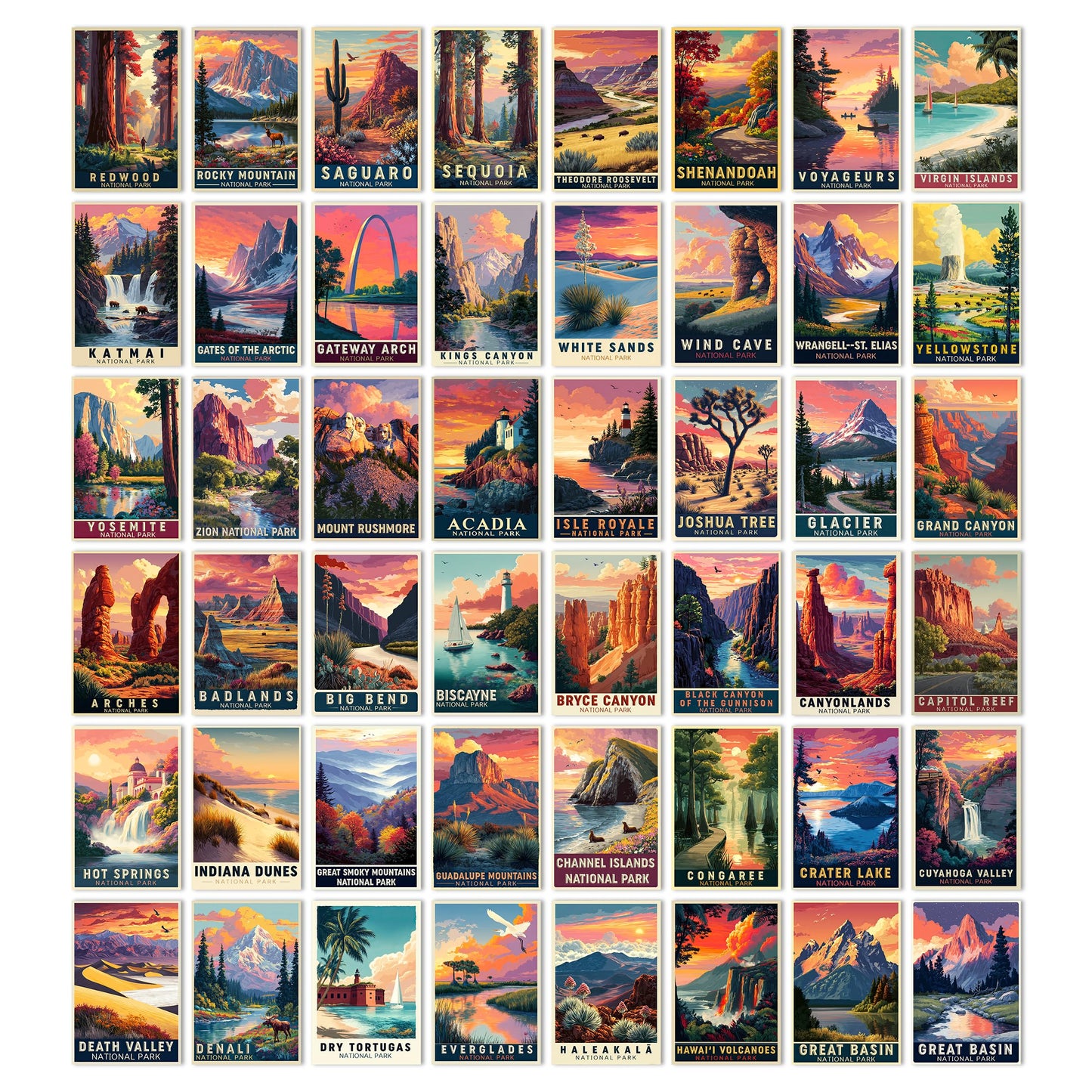 HK Studio Vintage National Park Posters - Vintage Travel Postcards, Unframed 48 Pcs 4" x 6"
