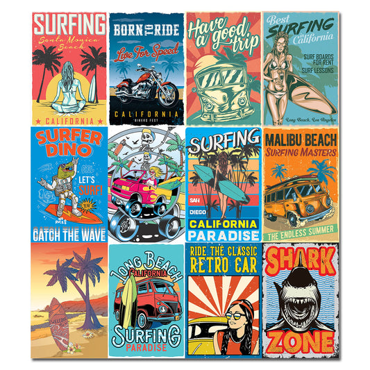 HK Studio Vintage Posters for Room Decor Aesthetic - Surfing Retro Decor 8" x 12" Pack 12