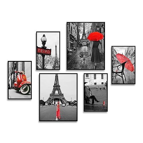 Posters Pack - Black and White City with Red Artistic Highlight